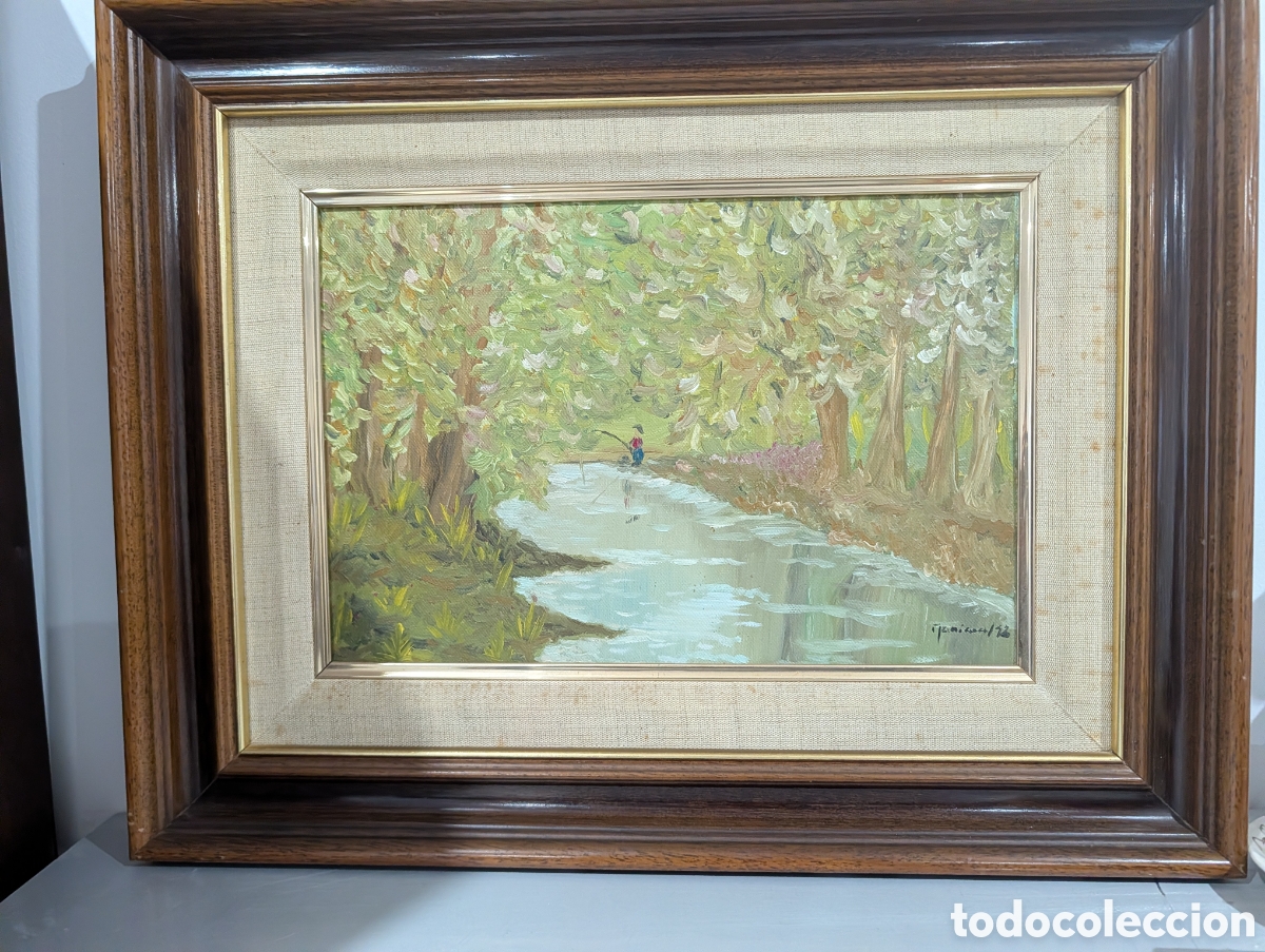 Arte: &Oacute;leo sobre lienzo Paisaje Impresionista El Pescador firmado y fechado 1973 enmarcado