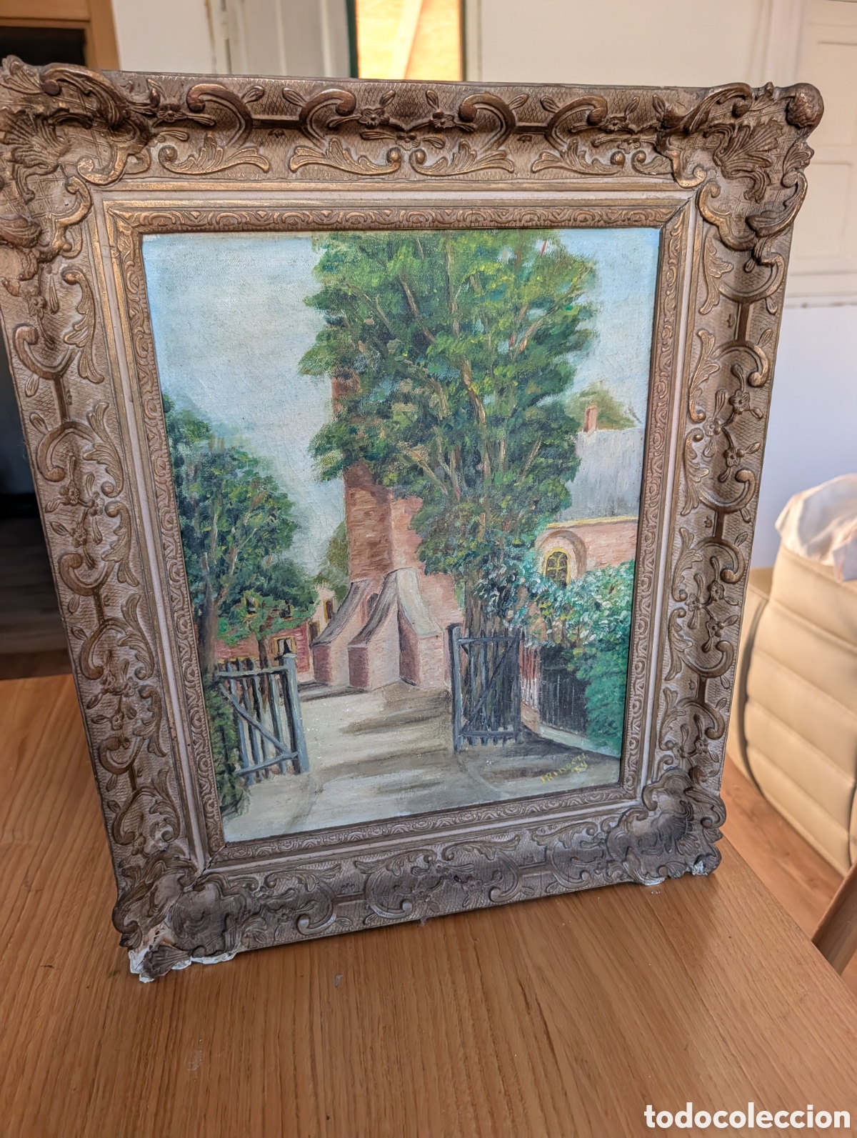 Arte: Oleo sobre lienzo Paisaje Holand&eacute;s Entrada al Pueblo firmado y fechado 1954 gran marco barroco