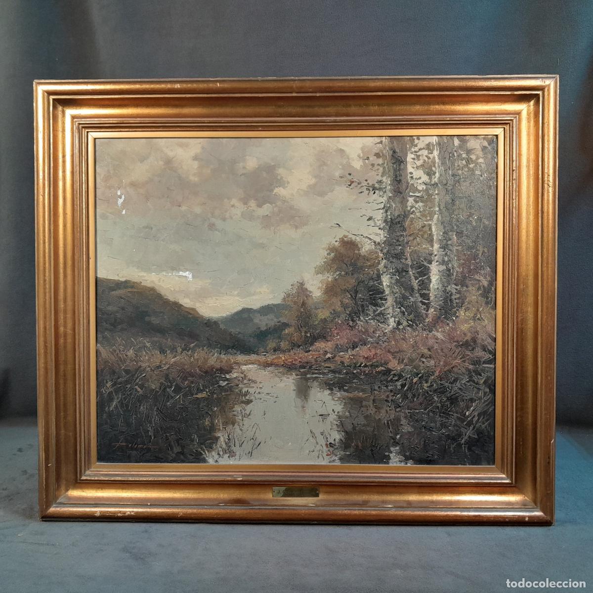 Kunst: B-1966. &Oacute;LEO SOBRE LIENZO. PAISAJE CON R&Iacute;O. JOSEP COLOMER COMAS. 1971