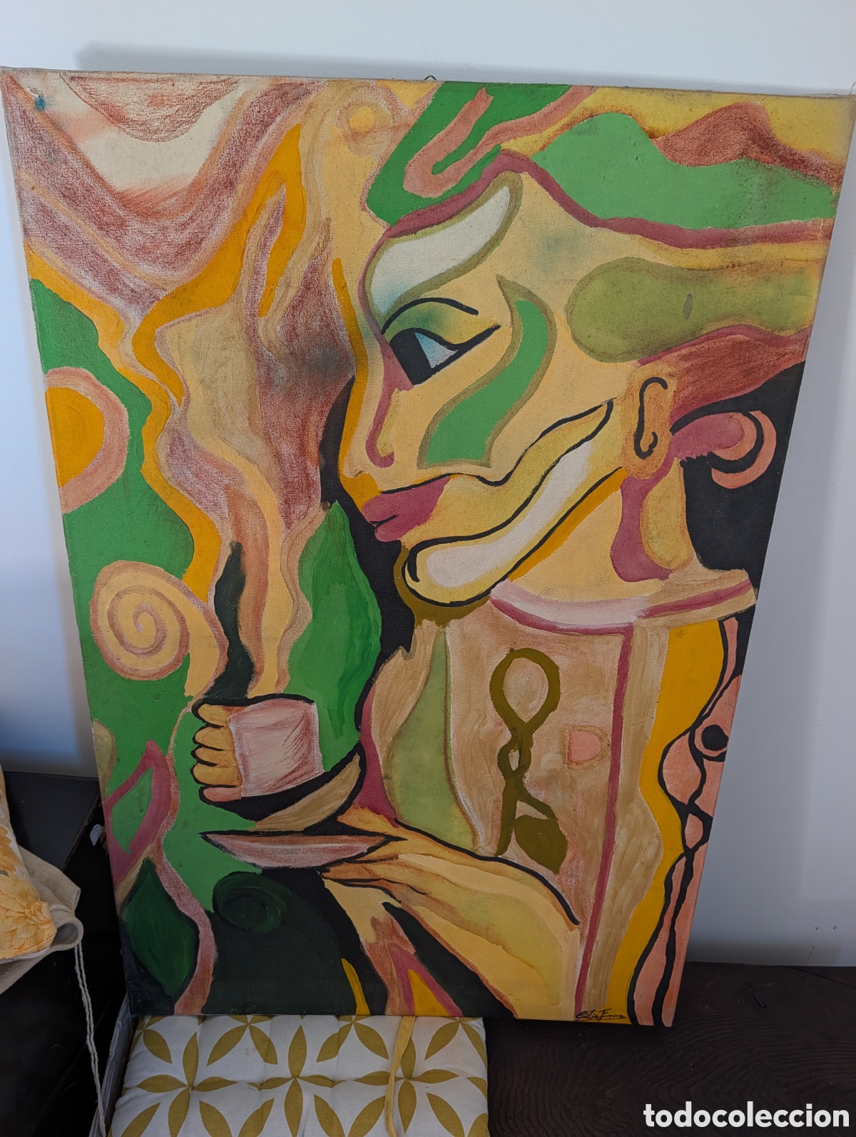 Arte: &Oacute;leo Sobre Lienzo Gran Formato &rdquo;Mujer Tomando Caf&eacute;&rdquo; - Celia Ferreiro (92x60 cm)