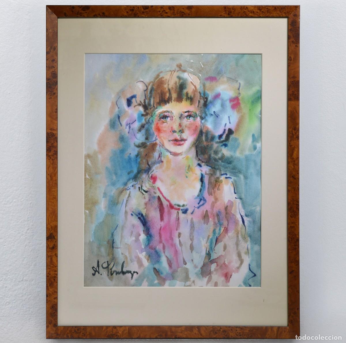 Arte: 20th Century Soviet Expressionism Portrait Young Girl Watercolor Signed Framed