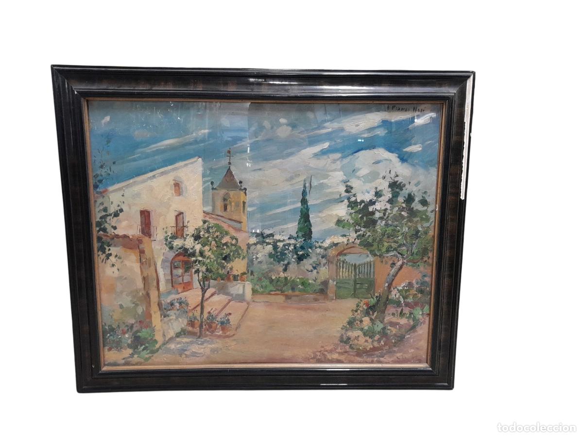 Arte: A-579. &Oacute;LEO SOBRE LIENZO. PAISAJE CON JARD&Iacute;N Y CAMPANARIO. SIGLO XX
