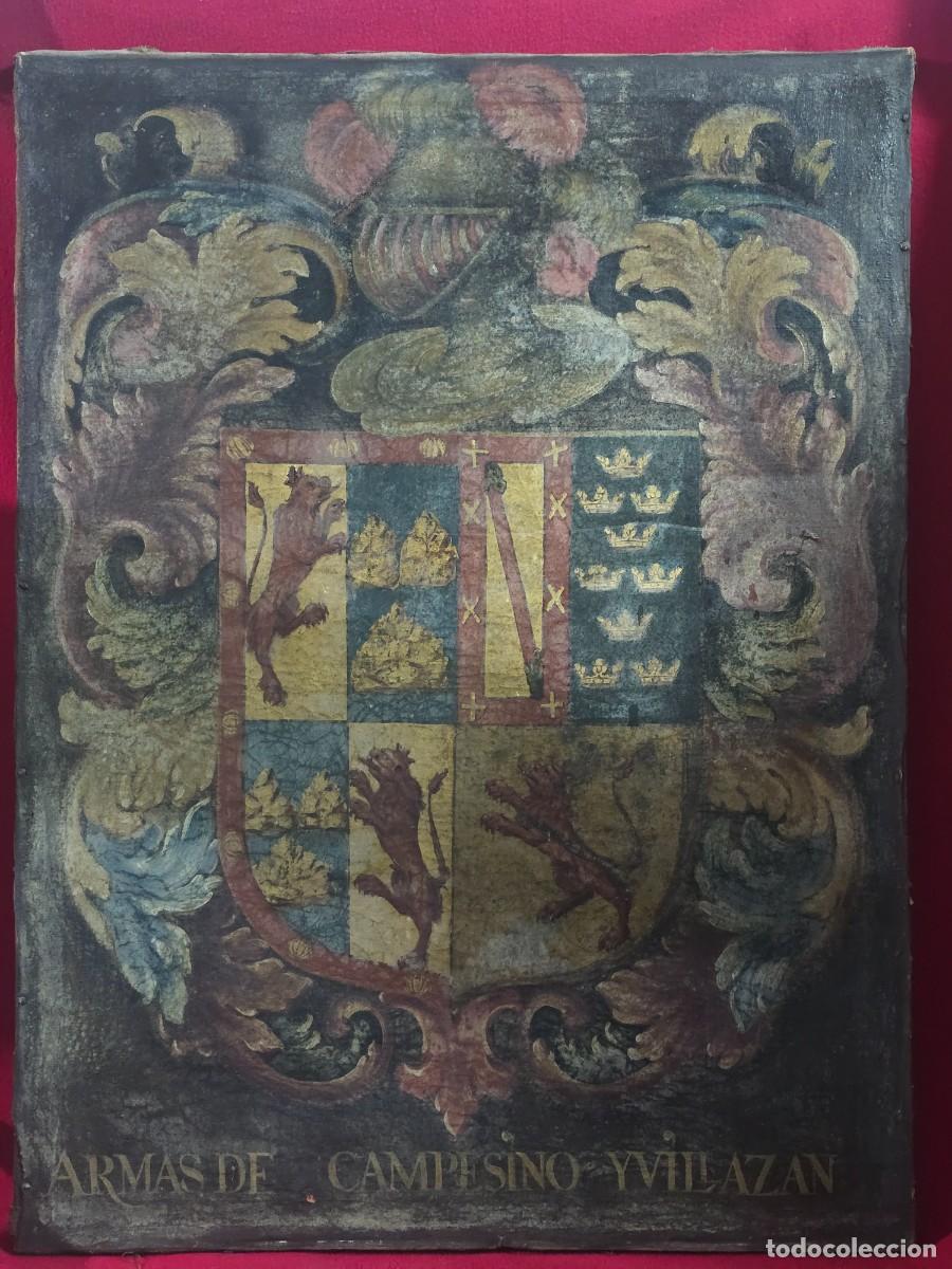 Arte: CUADRO ANTIGUO CON ESCUDO HERALDICO