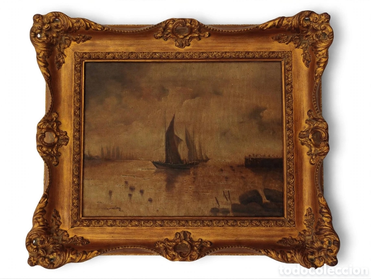 Arte: &Oacute;leo sobre lienzo &rdquo;Marina con Veleros&rdquo; &ndash; Juan Ar&aacute;ez (S. XX) - Con magn&iacute;fico marco dorado &eacute;poca