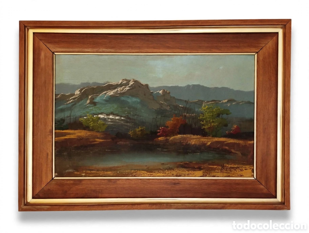 Arte: Paisaje de monta&ntilde;a y estanque - Firmado por Enrique Alonso