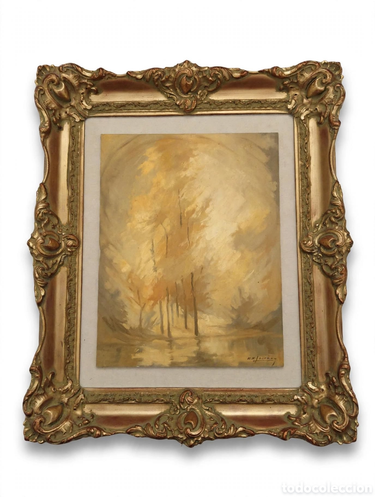 Arte: &Oacute;leo sobre tabla de Leirbag &ndash; Paisaje Oto&ntilde;al con Marco Dorado Barroco