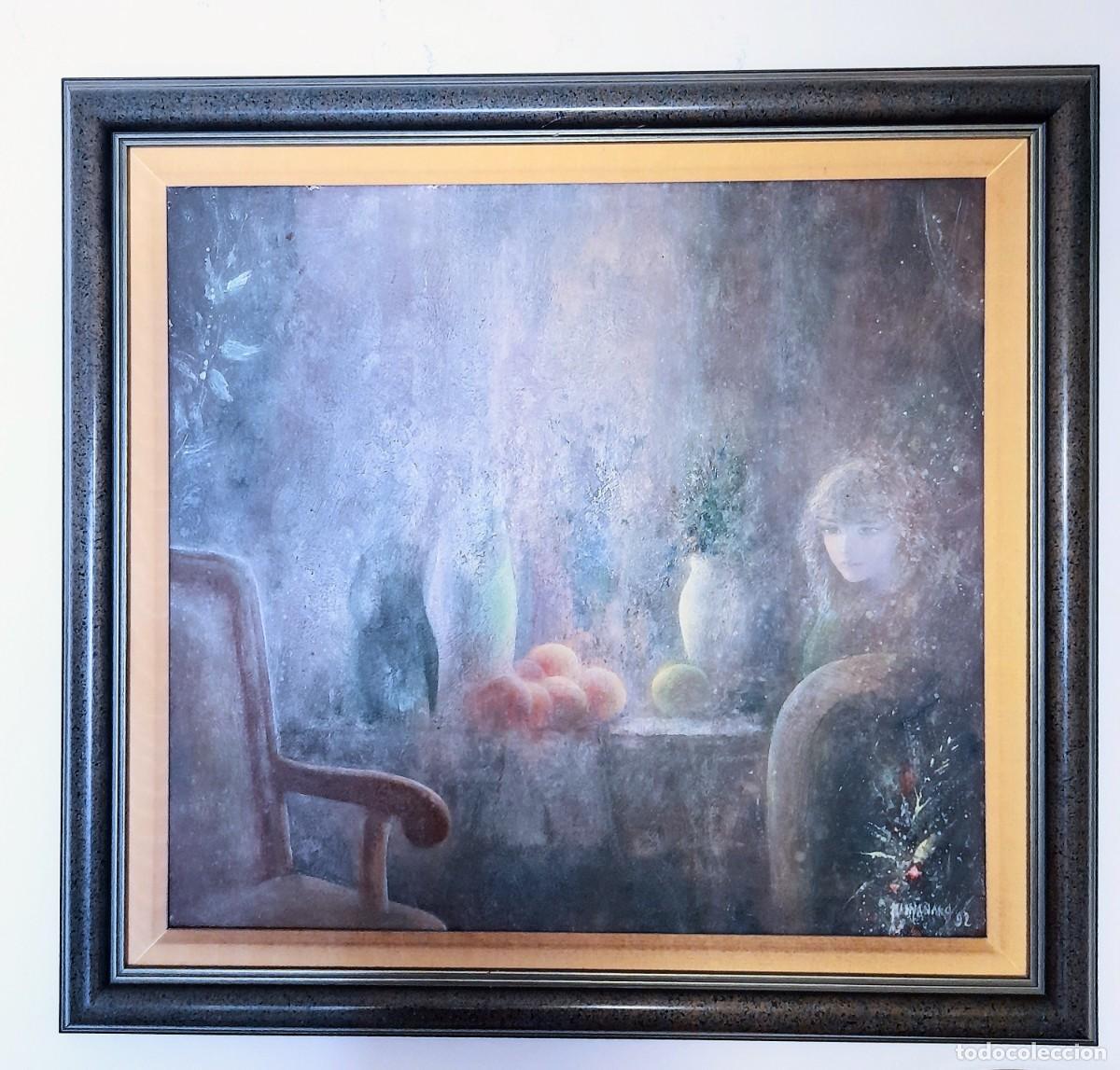 Arte: Interior con muchacha, oleo/lienzo de Manolo Manzanaro 92