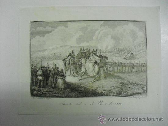 1845 GUERRAS CARLISTAS REVISTA DE 1º DE ENERO DE 1834 POR PARTE DE LA REINA (Arte - Arte Religioso - Grabados)