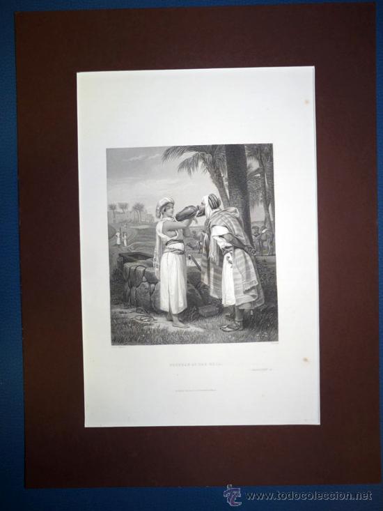 Arte: Rebekah at the well, Antiguo Grabado al Acero PRECIOSO S. XIX