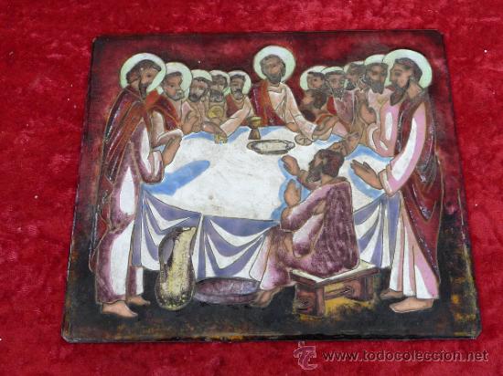 Arte: Antigua placa esmaltada de la Santa Cena. - Foto 1