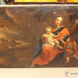 Oleo Sobre Lienzo del Siglo XVIII Virgen con el Niño Jesús y San Juanito -