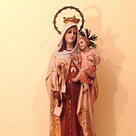 Antigua Figura Religiosa Virgen del Carmen con niño Jesús Talla Medidas 55cm x 15cm