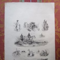 Arte: 1860-DIVERSOS GRABADOS EN UNA HOJA GRANDE.MILITAR CABALLOS CAZA CARRUAJES RELIGIOSOS COSTUMBRES.ORIG. Lote 57128759