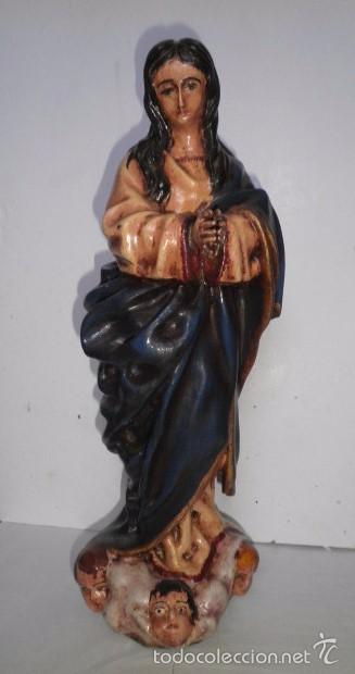 Arte: Virgen Inmaculada en madera maciza con tres querubines - Foto 1