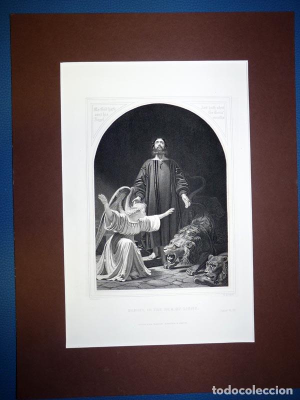 Arte: Daniel in the den of lions, Antiguo Grabado al Acero S XIX