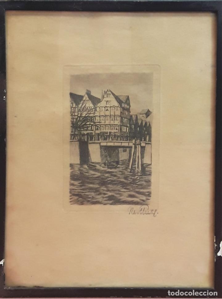 Arte: PAISAJE URBANO. LITOGRAF&Iacute;A. FIRMA ILEGIBLE. NORTE O CENTRO EUROPEO (?). S.XIX-XX