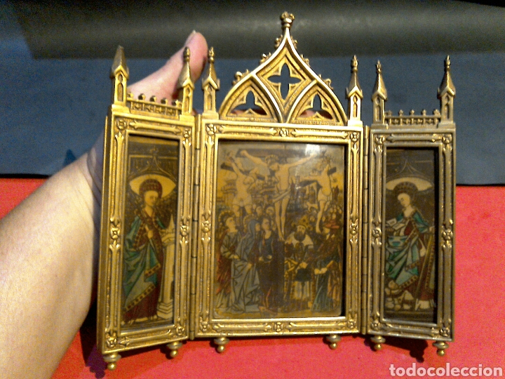 Arte: Antiguo Icono Triptico Ortodoxo Ruso en bronce - Foto 1