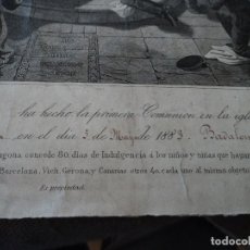 Arte: RECORDATORIO DE COMUNION DE BADALONA EN 1883 LITOGRAFIA J. PUIGGARI Y A. FATJO 33 X 25 CM. Lote 97993907