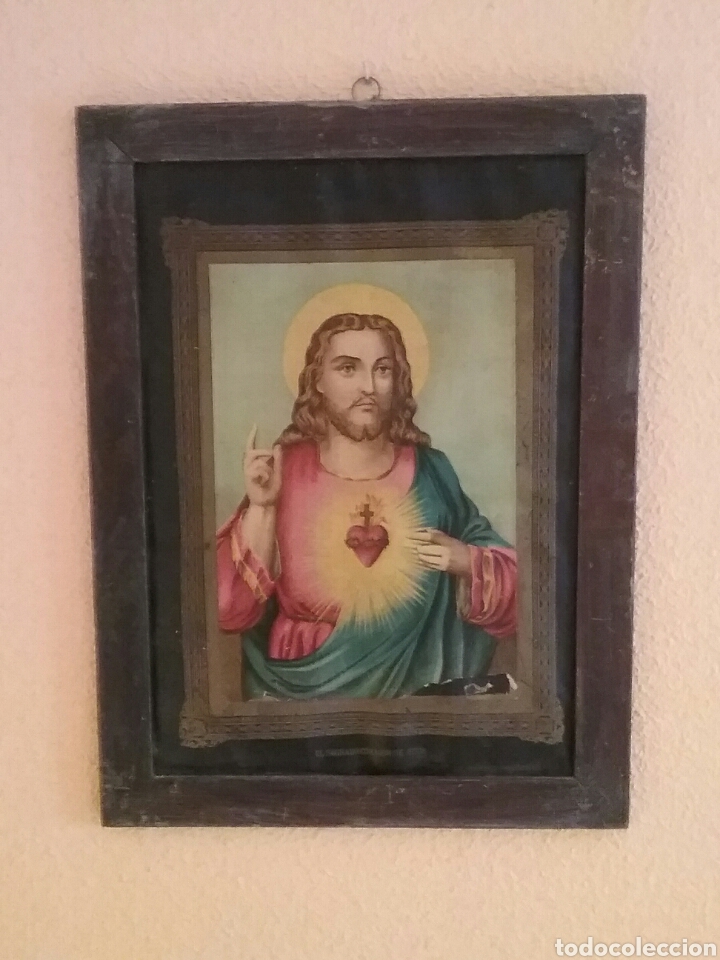 Arte: Cuadro antiguo del Sagrado Corazon de Jes&uacute;s. - Foto 1