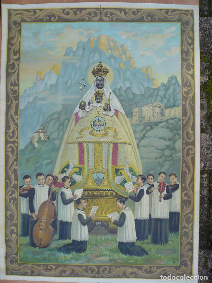 ANTIGUO LIENZO IMPRESO DE LA VIRGEN DE MONTSERRAT MADE IN ITALY 75 X 105 CM. (Arte - Arte Religioso - Pintura Religiosa - Otros)