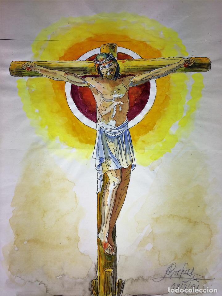 CRISTO EN MAJESTAD. ACUARELA SOBRE PAPEL. FIRMADO GORGUES. ESPAÑA. 1991 (Arte - Arte Religioso - Pintura Religiosa - Acuarela)