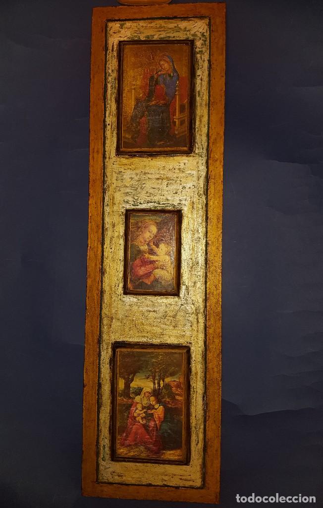 Arte: TRIPTICO EN MADERA CON LAMINAS IMAGENES RELIGIOSAS - Foto 1