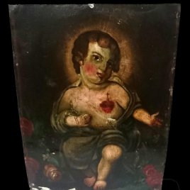 Espectacular óleo sobre chapa de niño Jesús. Siglo XVIII. Pieza popular. 49x36 cm.