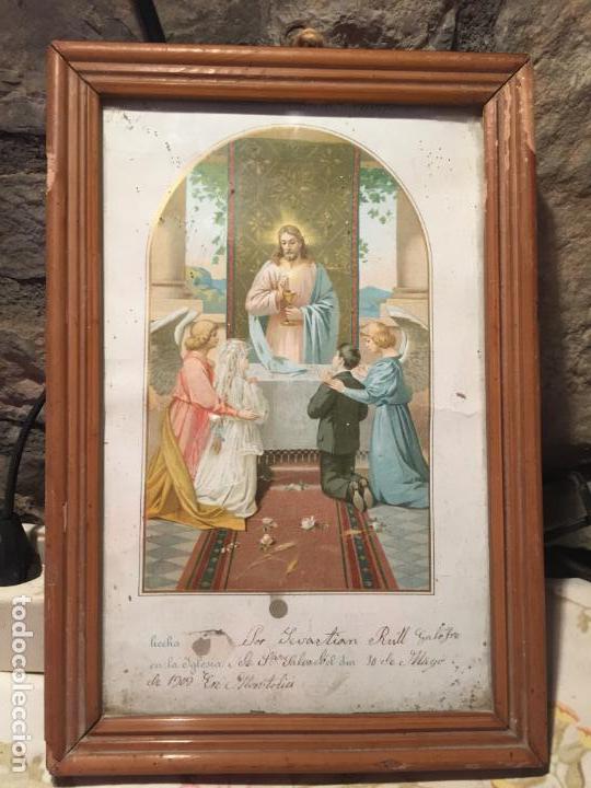 Arte: Antiguo cuadro religioso recuerdo de primera comunión a dia 30 de Mayo de 1909 en Montoliu - Foto 1 - 140448110