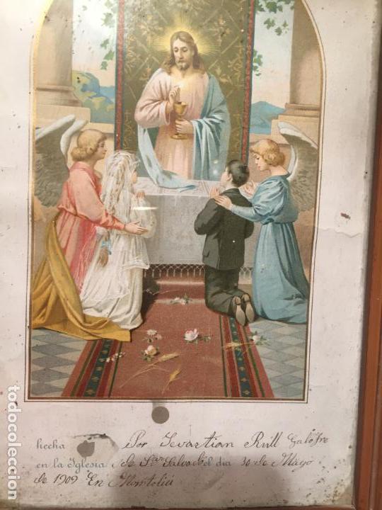 Arte: Antiguo cuadro religioso recuerdo de primera comunión a dia 30 de Mayo de 1909 en Montoliu - Foto 3 - 140448110