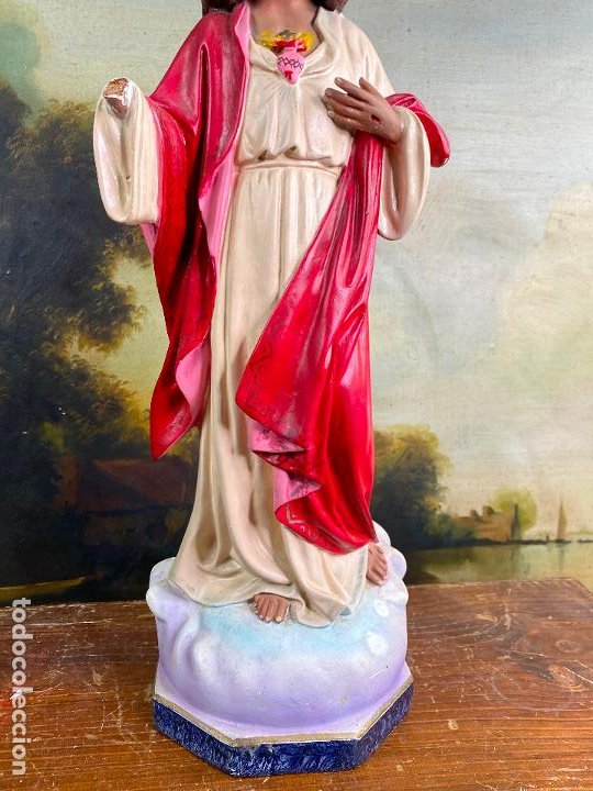 Arte: Antiguo sagrado corazon de jesus en estuco de 51 cm de altura - Muy buen estado - Foto 9 - 200830875