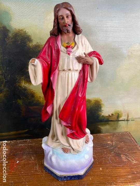 ANTIGUO SAGRADO CORAZON DE JESUS EN ESTUCO DE 51 CM DE ALTURA - MUY BUEN ESTADO (Arte - Arte Religioso - Escultura)
