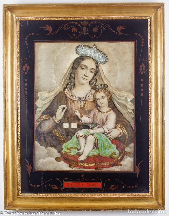 Arte: S.XIX - VIRGEN DEL CARMINE - Cristal Eglomizado Dorado (68x53 cm) | Antique Madonna