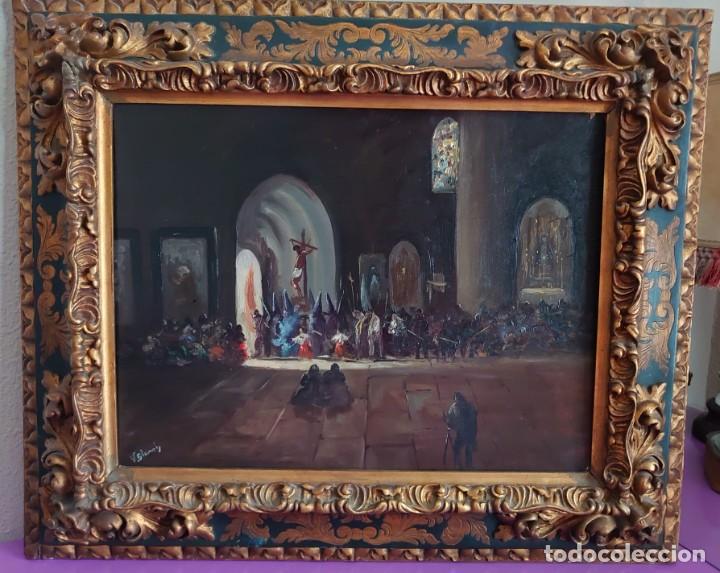 ÓLEO SOBRE TABLA PROCESIÓN DE SEMANA SANTA SIGLO XIX MARCO BARROCO SEVILLANO (Arte - Arte Religioso - Pintura Religiosa - Oleo)