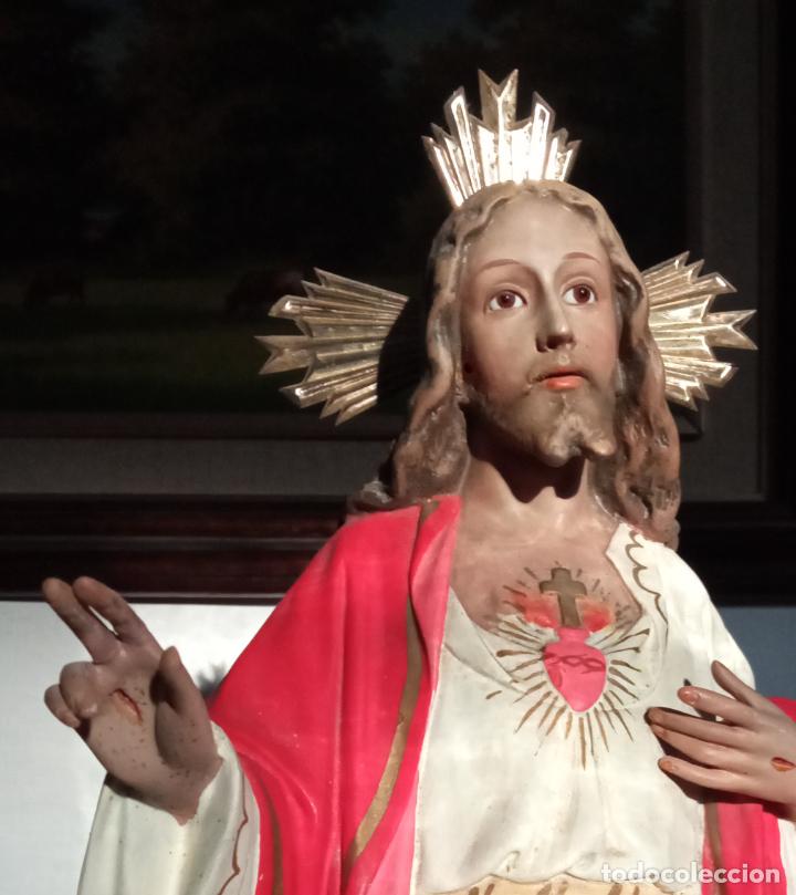 Arte: 57 cm !!! - Antiguo SAGRADO CORAZON de JESUS - El Renacimiento Olot &bull; ojos de cristal