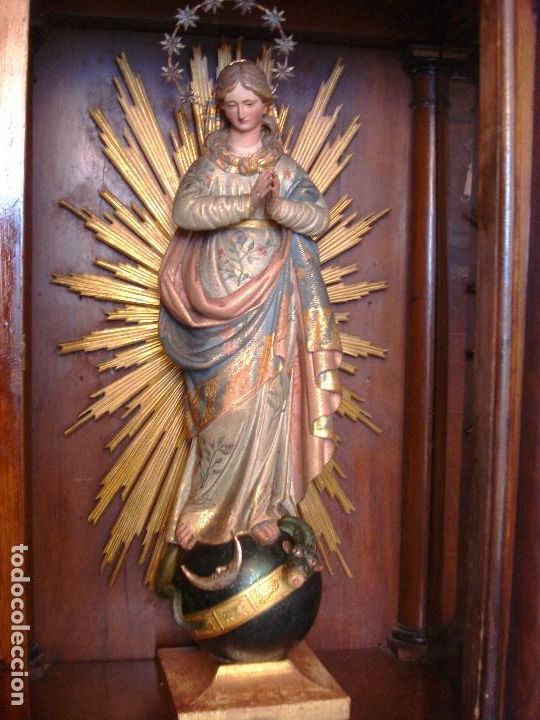 Arte: TALLA MAGISTRAL INMACULADA CONCEPCI&Oacute;N ESCUELA ESPA&Ntilde;OLA SXIX TALLA DE MADERA RESPLANDOR AL ORO FINO