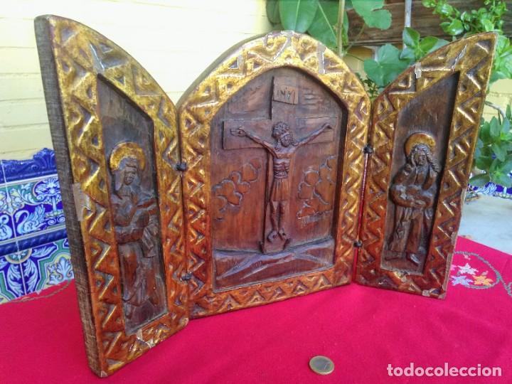 Arte: Triptico antiguo religioso de madera tallada - Foto 5