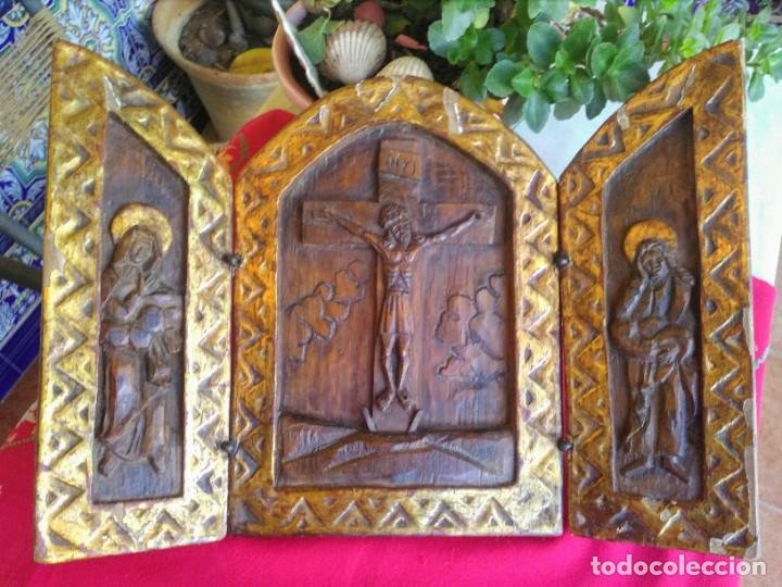 Arte: Triptico antiguo religioso de madera tallada - Foto 8