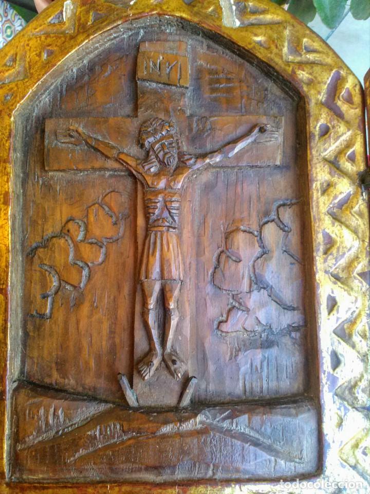 Arte: Triptico antiguo religioso de madera tallada - Foto 10