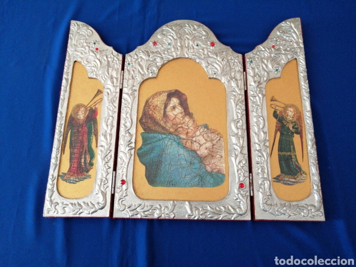 Arte: VIRGEN CON &Aacute;NGELES (TRIPTICO MARCO REPUJADO) - Foto 1
