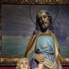 Kunst: FIGURA RELIGIOSA IMAGINARIA - SAN JOSE CON NIÑO JESUS - BASE MADERA - ESTUCO OJOS DE CRISTAL 50CM. Lote 331059508