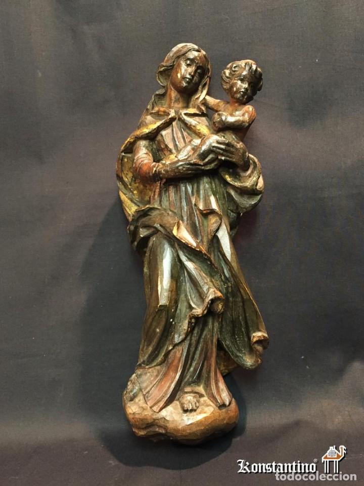 Arte: VIRGEN CON NI&Ntilde;O EN MADERA 42 CMS - Foto 1