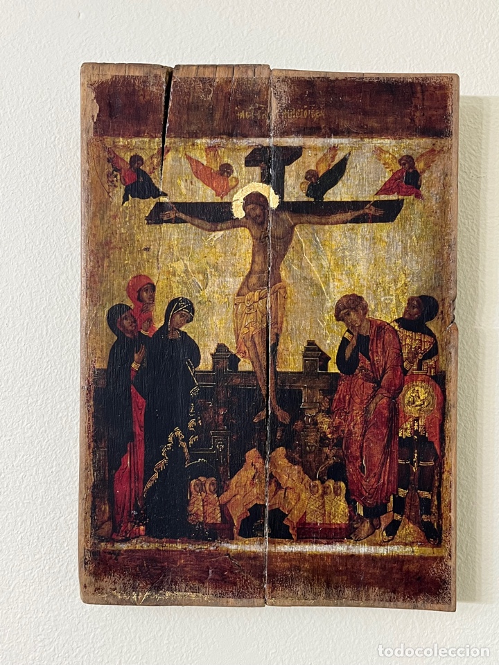 Arte: Icono en madera representaci&oacute;n de la Crucifixi&oacute;n - Foto 1
