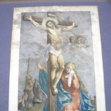 Arte: S. XVIII CHRISTUS IN CRUCE NOSTRA DESTRUXIT VINCULA CRIMINUM . LONGINOS . GRABADO AL COBRE COLOREADO. Lote 375991189