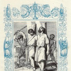 Arte: AÑO 1852 GRABADO RELIGIOSO - SANTOS TIBURCIO Y VALERIANO, MÁRTIRES - AÑO CRISTIANO - 17 X 26 CM