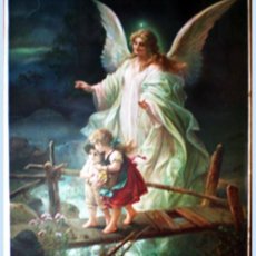 Arte: FINALES S.XIX.- GRAN LITOGRAFIA ANTIGUA ALEMANA EN PAPEL-TELA -ANGEL TUTELAR. 74,5 X 55 CM.