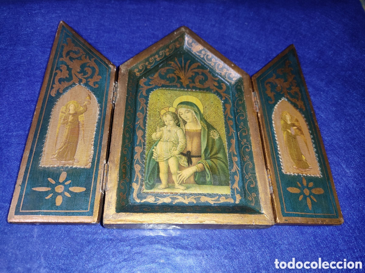 Arte: Tr&iacute;ptico de la virgen y el ni&ntilde;o Jesus de madera. - Foto 1