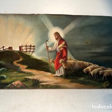 Arte: TAPIZ RELIGIOSO PINTADO AL OLEO DE JESUS PASTOR. FECHADO 1939.