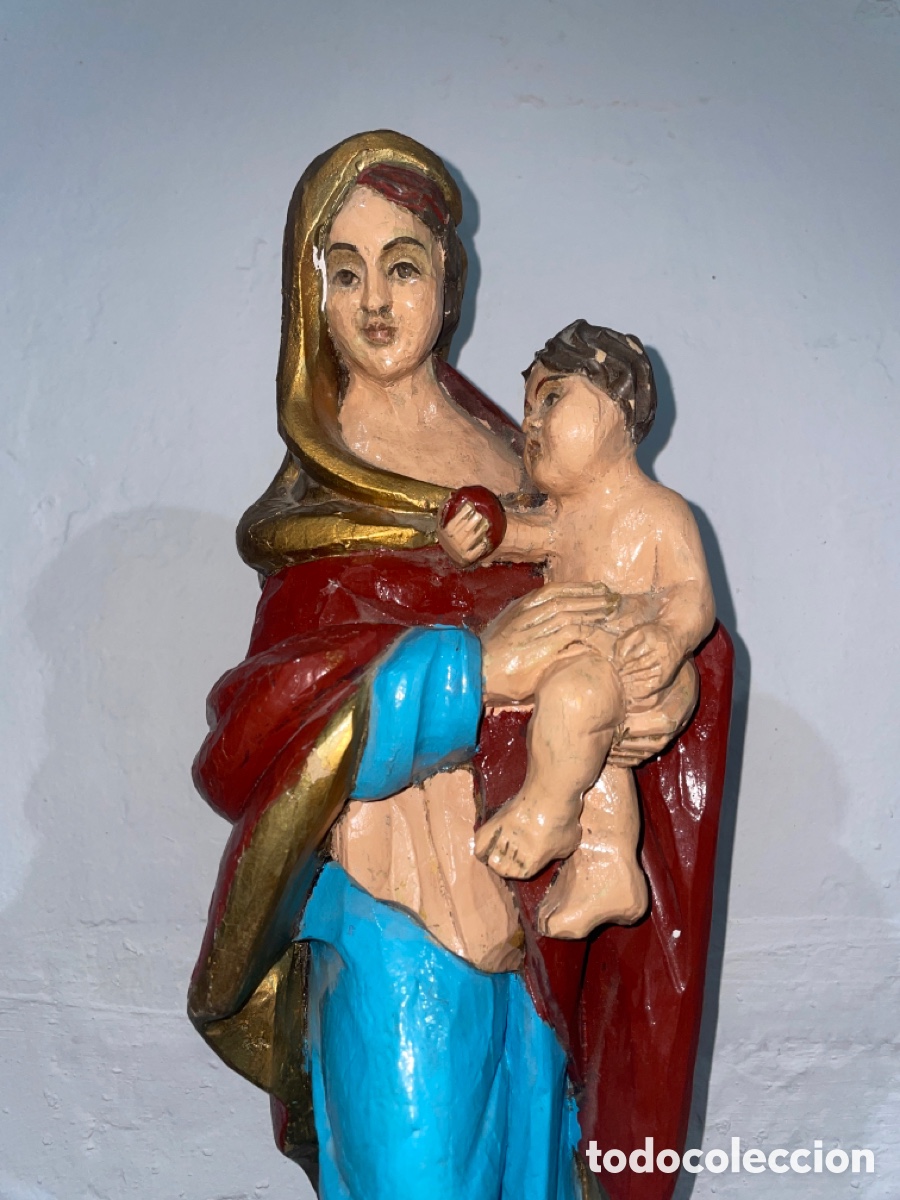 Arte: VIRGEN CON NI&Ntilde;O TALLADA EN MADERA - Foto 2