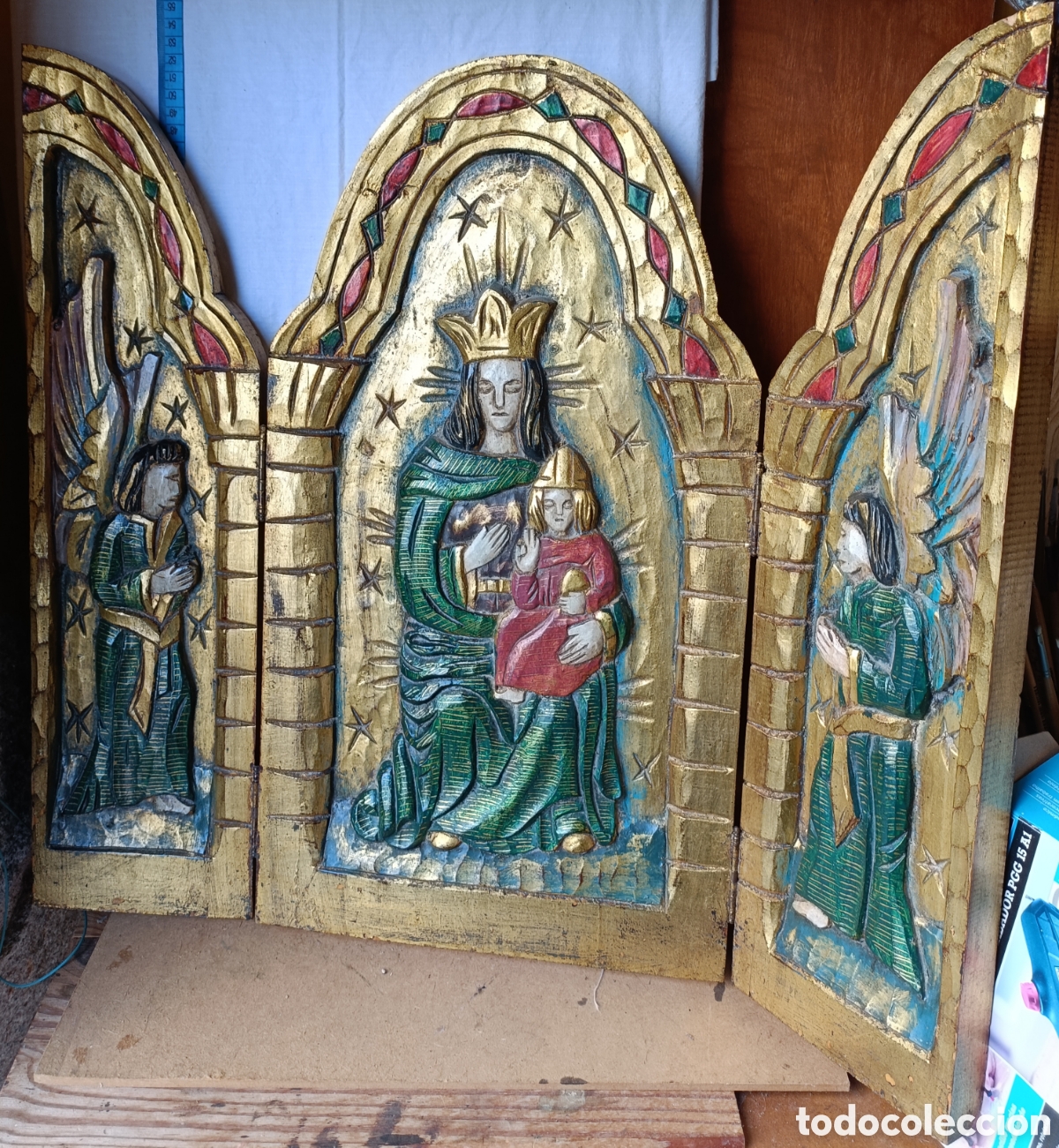 Arte: Tr&iacute;ptico inmaculada madera policromada - Foto 1