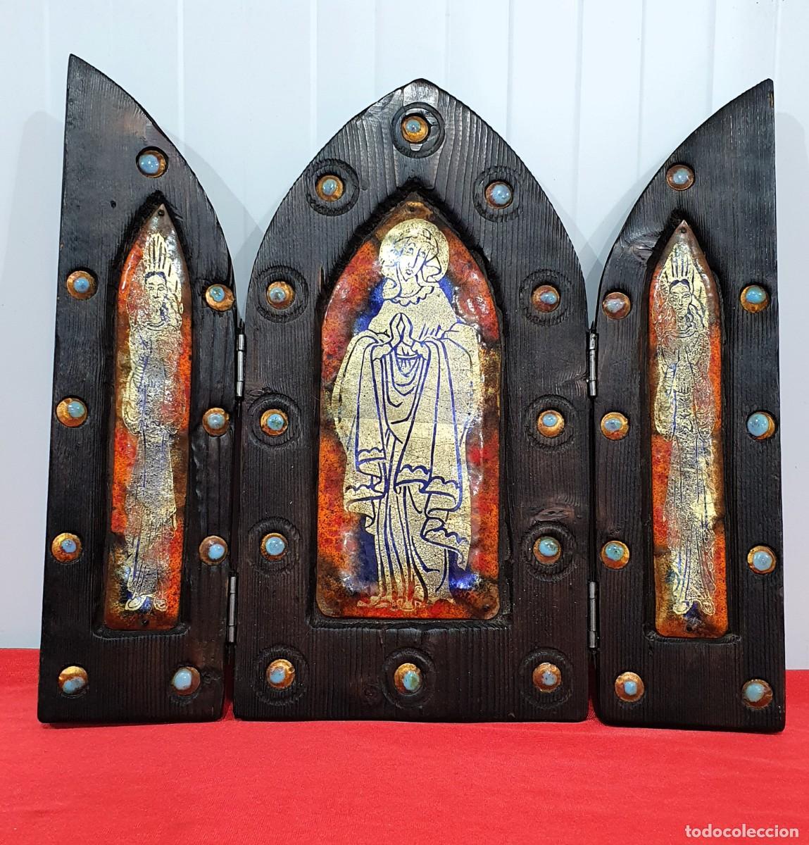 Arte: -ICONO TRIPTICO ESMALTE SOBRE COBRE CON ALTAR DE MADERA. - Foto 1
